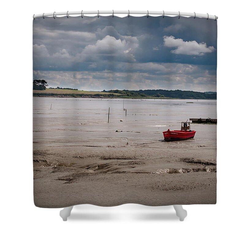 Boat Shower Curtain featuring the photograph Red Boat on the Mud by Geoff Smith