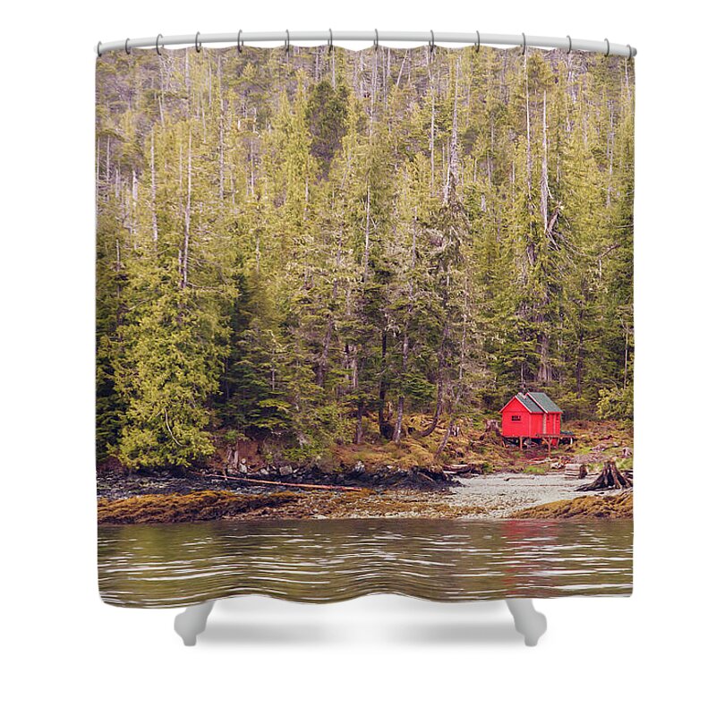 Alaska Shower Curtain featuring the photograph Red Cabin on Edge of Alaskan Waterway in Evergreen Forest by Darryl Brooks