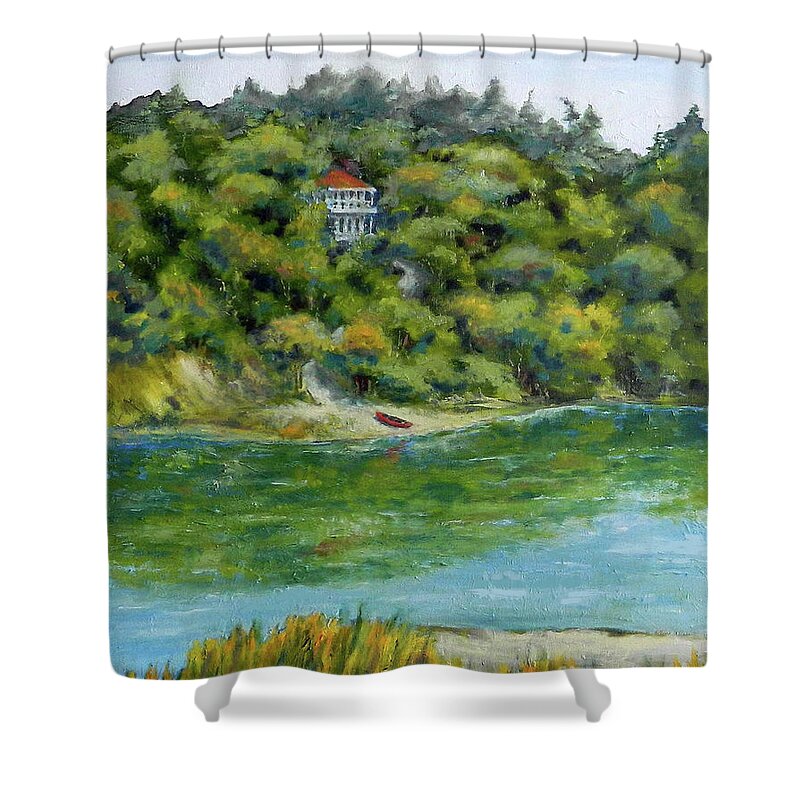 Landscape Shower Curtain featuring the painting Red Canoe by William Reed