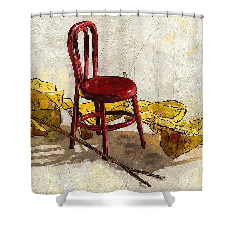 Red Shower Curtain featuring the digital art Red chair and yellow leaves by Debra Baldwin