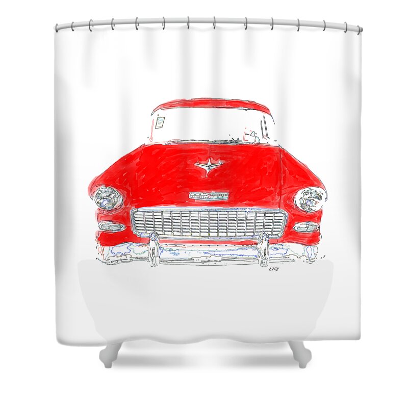 Tee Shower Curtain featuring the drawing Red Chevy T-Shirt by Edward Fielding