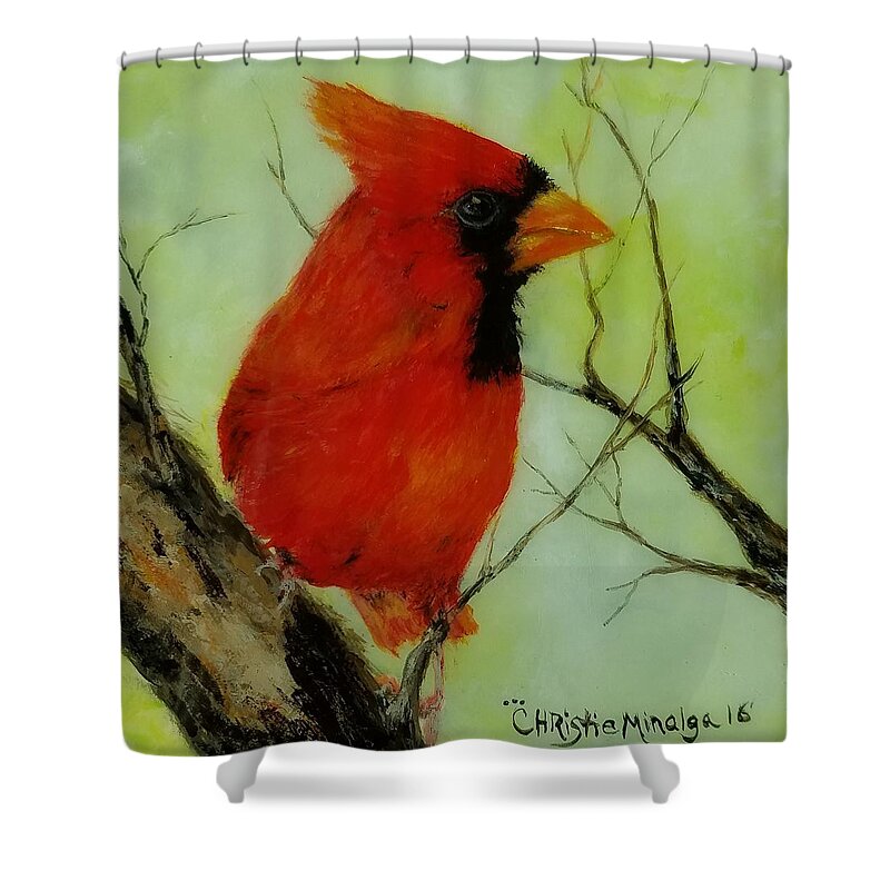 Red Cardinal Shower Curtain featuring the painting Red by Christie Minalga