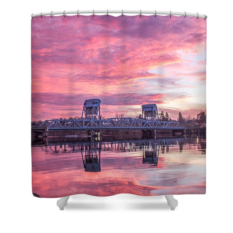 Lewiston Idaho Clarkston Washington Id Wa Lewis Clark Lc Valley Landscape Rivers Hill Snake Red Clouds Blue Bridge Vertical Shower Curtain featuring the photograph Red Clouds Vertical Shot by Brad Stinson