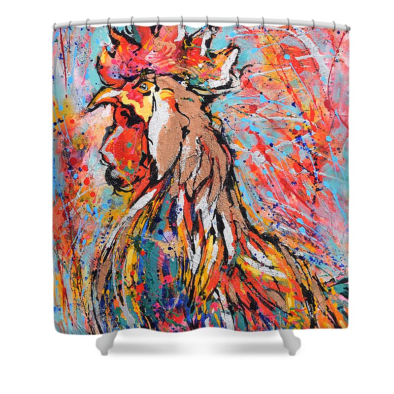 Rooster Shower Curtain featuring the painting Red Crown Rooster by Jyotika Shroff