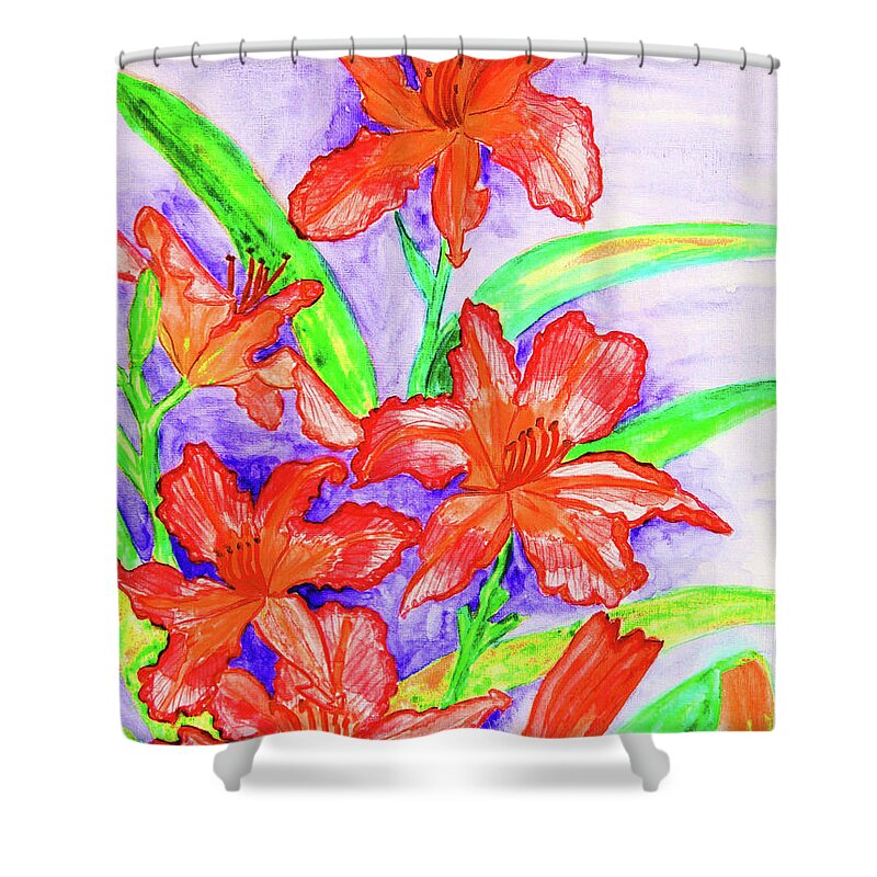 Art Shower Curtain featuring the painting Red daily lilies by Irina Afonskaya