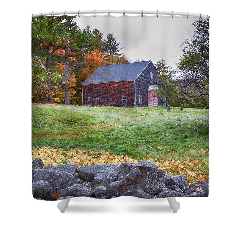 Chocorua Fall Colors Shower Curtain featuring the photograph Red door barn by Jeff Folger