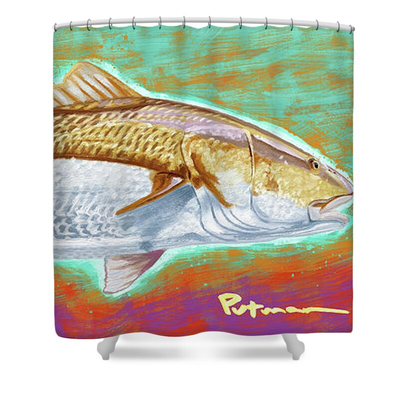 Red Drum Shower Curtain featuring the digital art Red Drum by Kevin Putman