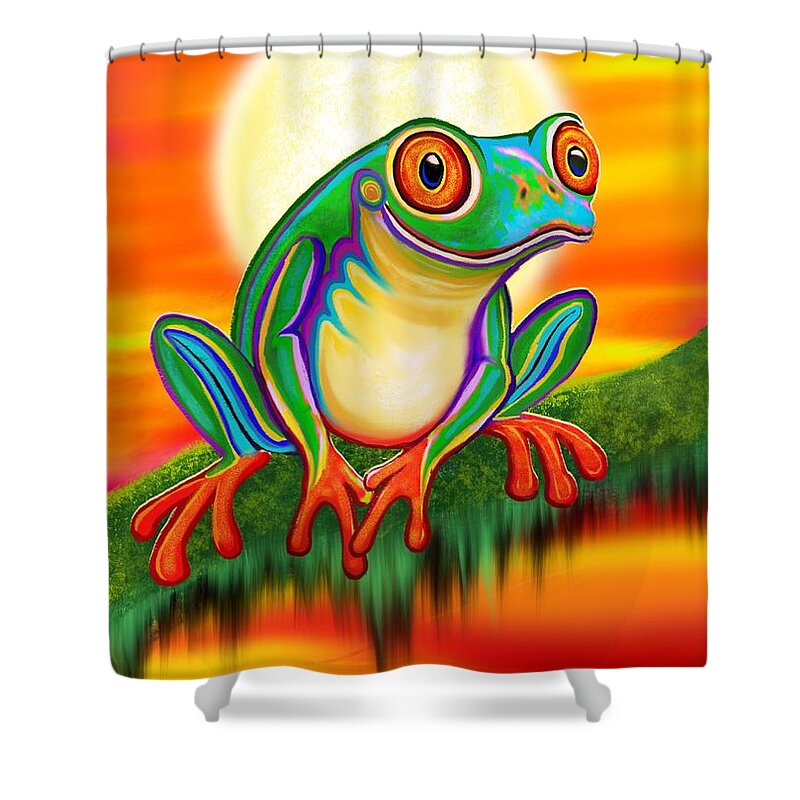 Frog Art Shower Curtain featuring the painting Red Eyed Treefrog Sunset by Nick Gustafson