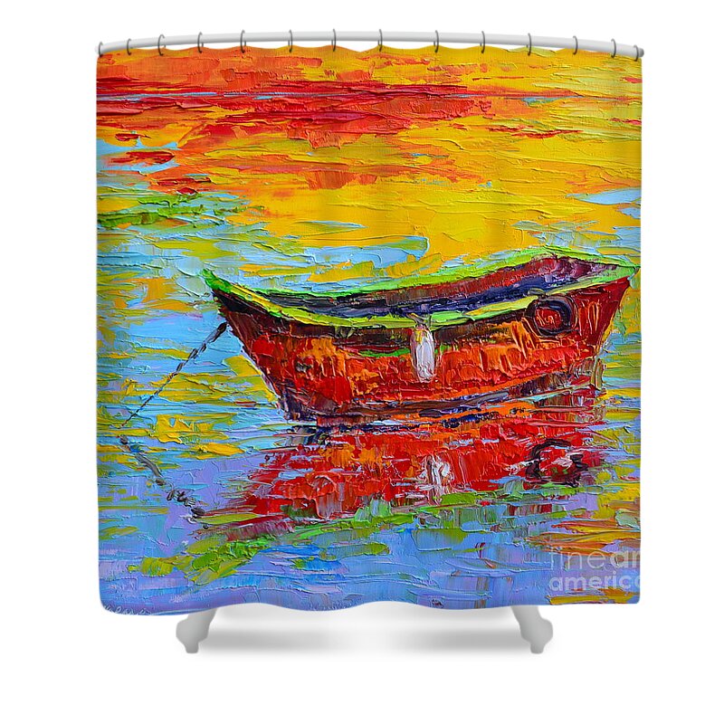 Red Fishing Boat At Sunset Wall Art Shower Curtain featuring the painting Red Fishing Boat at Sunset - Modern Impressionist Knife Palette Oil Painting by Patricia Awapara