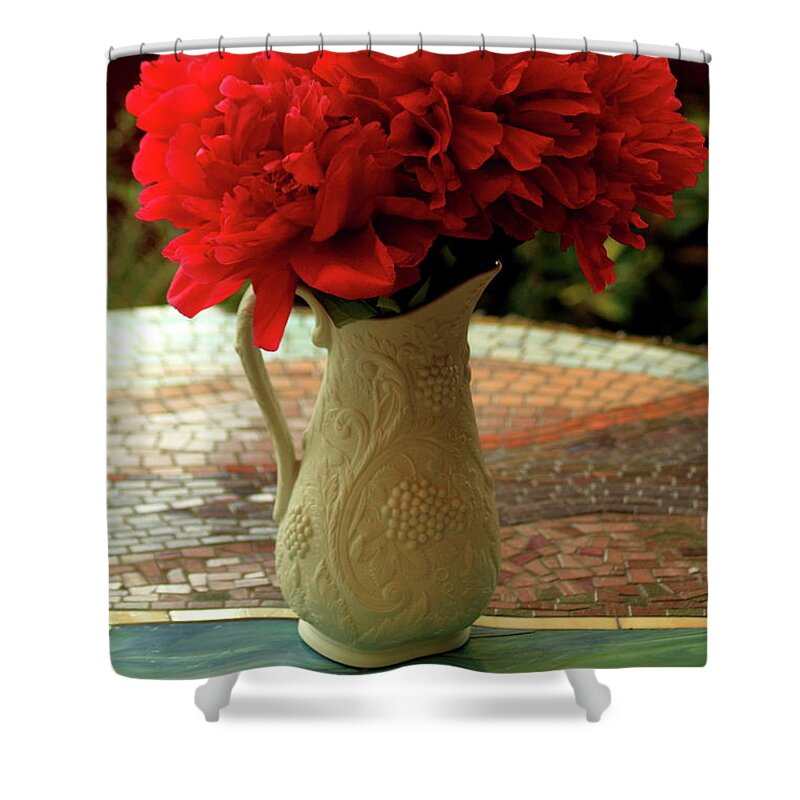 Flowers Red Mosaic Vase Shower Curtain featuring the photograph Red Flowers by Ian Sanders
