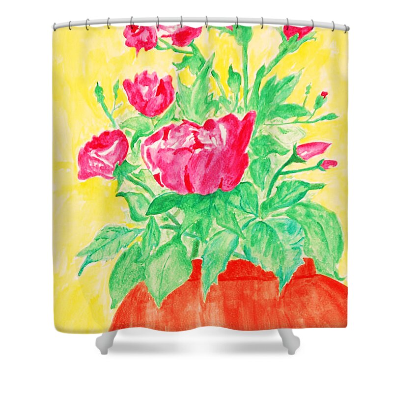 Flower Shower Curtain featuring the painting Red Flowers in a Brown vase by Jose Rojas