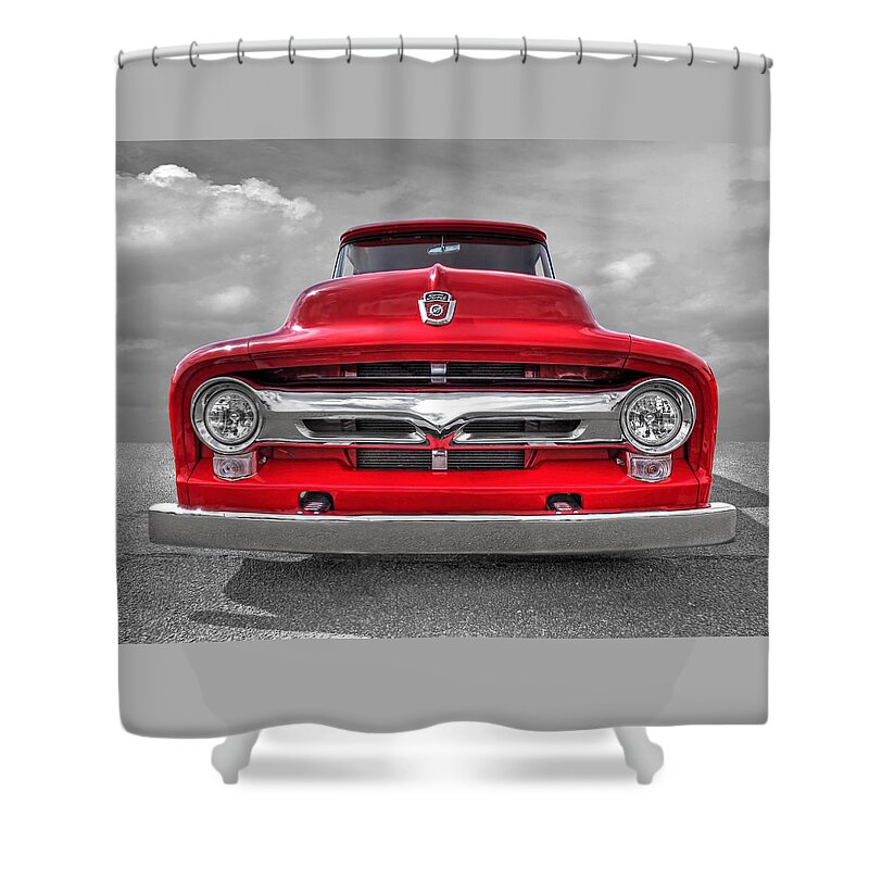Ford F100 Shower Curtain featuring the photograph Red Ford F-100 Head On by Gill Billington