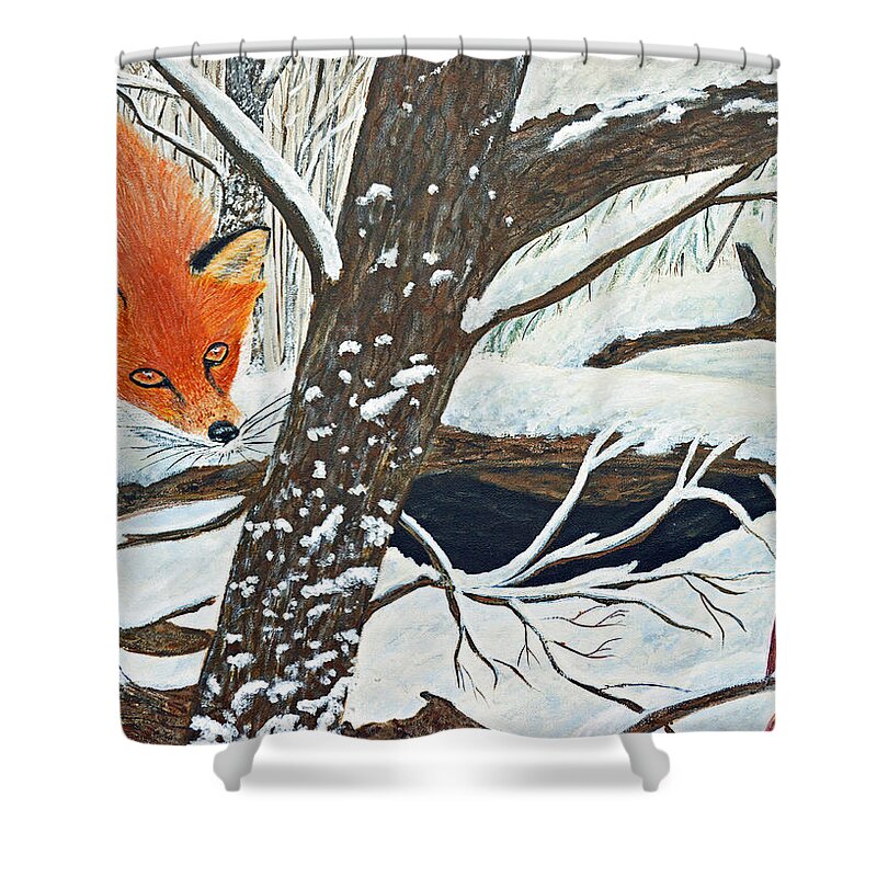 Cardinal Shower Curtain featuring the painting Red fox and Cardinal by Ken Figurski