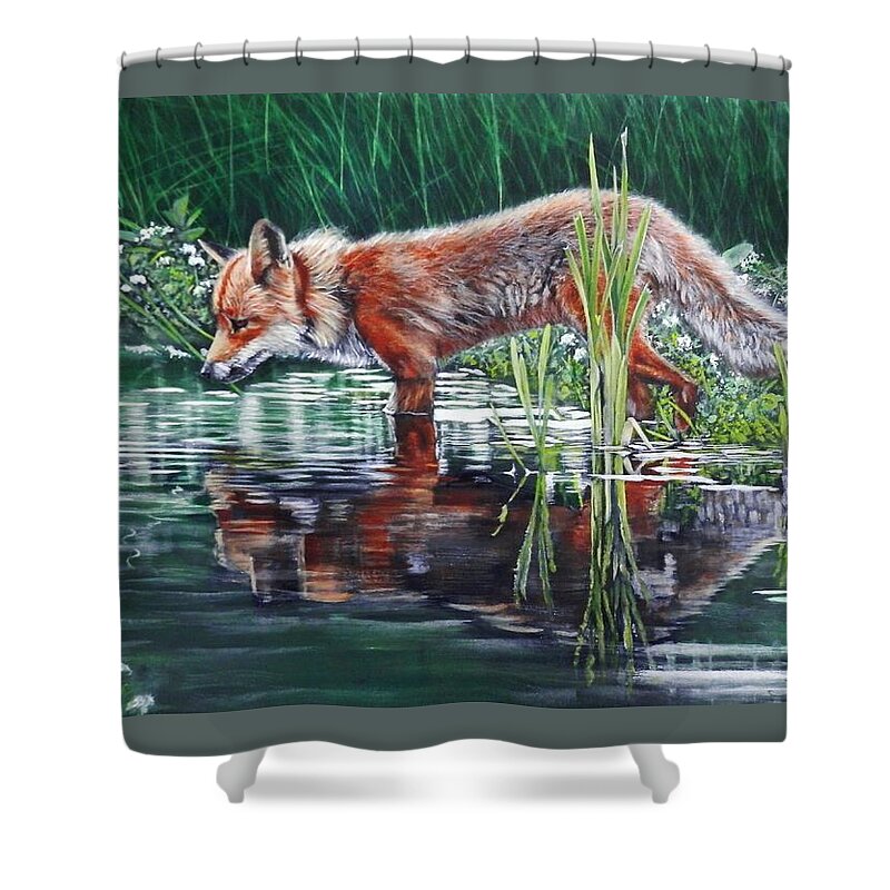 Fox Shower Curtain featuring the painting Red Fox Reflecting by John Neeve