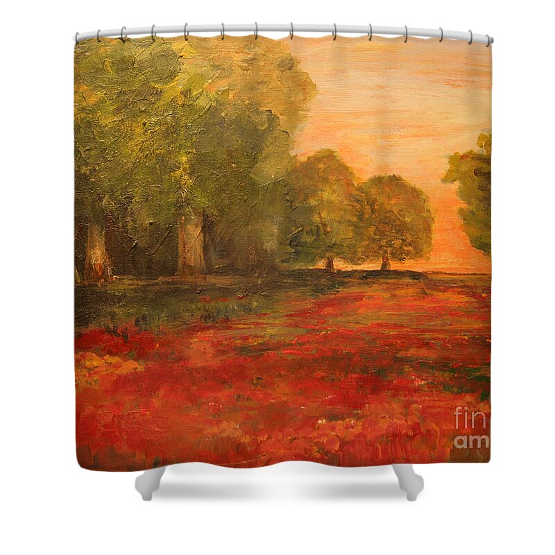 Landscape Shower Curtain featuring the painting Red Glow in the Meadow by Julie Lueders 