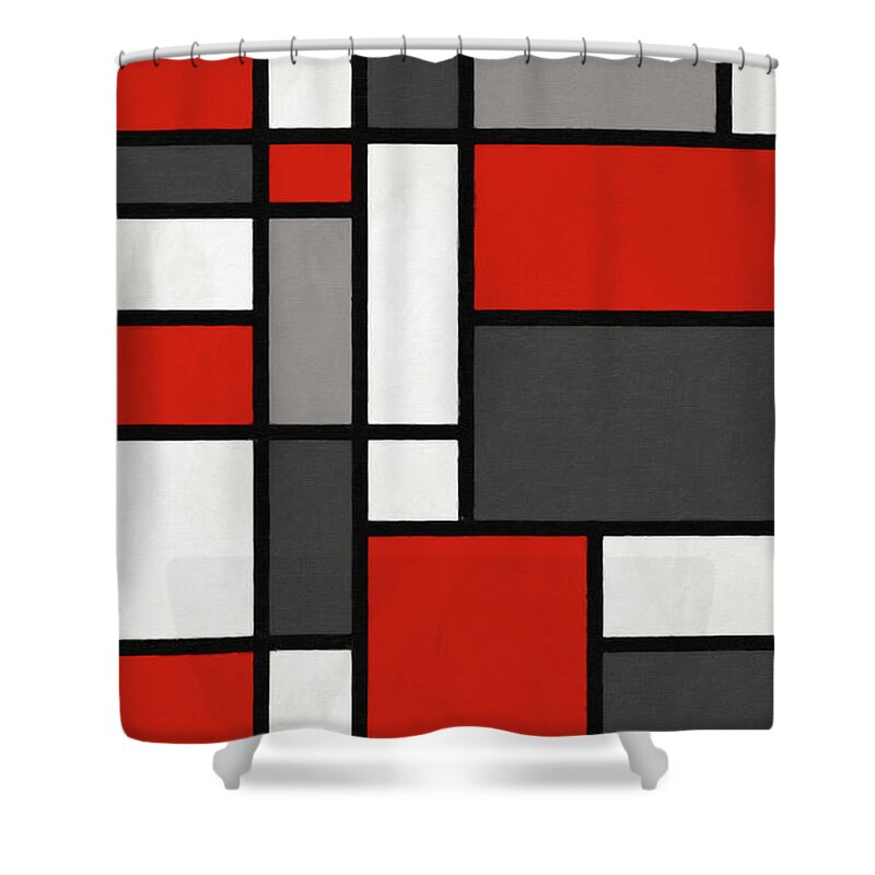 Mondrian Shower Curtain featuring the digital art Red Grey Black Mondrian Inspired by Michael Tompsett