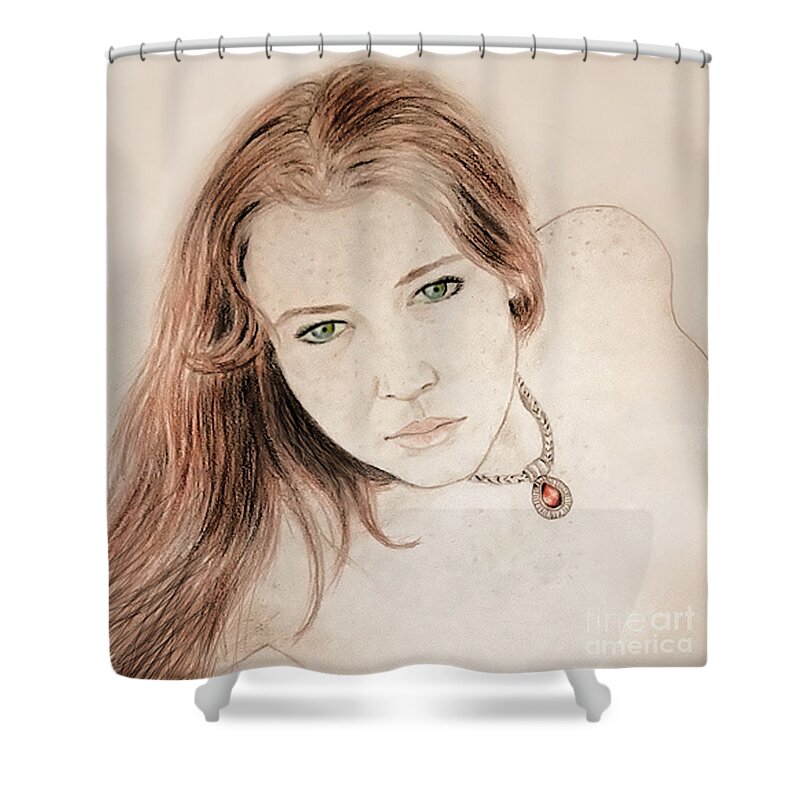 Drawing Shower Curtain featuring the drawing Red Hair and Freckled Beauty by Jim Fitzpatrick