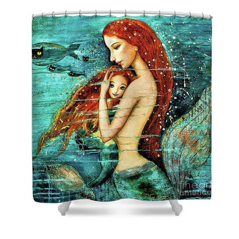 Mermaid Art Shower Curtain featuring the painting Red Hair Mermaid Mother and Child by Shijun Munns