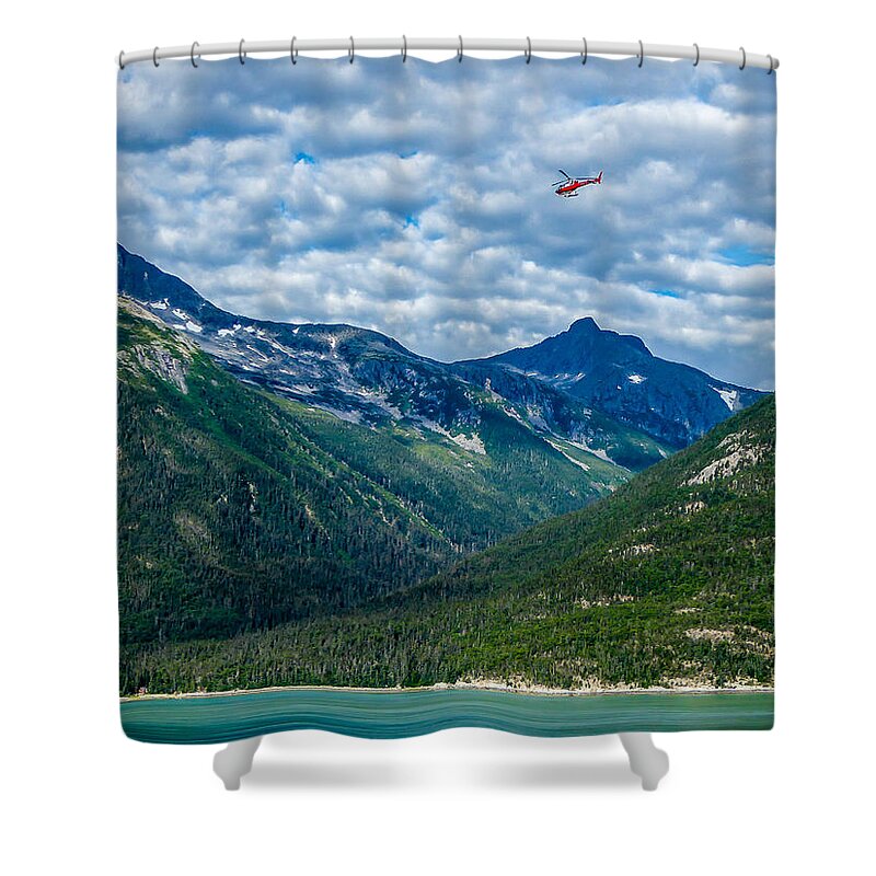 Alaska Shower Curtain featuring the photograph Red Helicopter by Pamela Newcomb