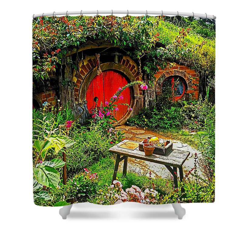 Hobbiton Shower Curtain featuring the photograph Red Hobbit Door by Kathy Kelly