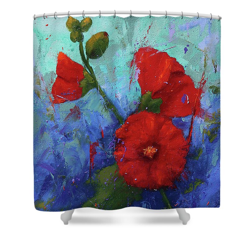 Floral Art Shower Curtain featuring the painting Red Hollyhocks by Monica Burnette
