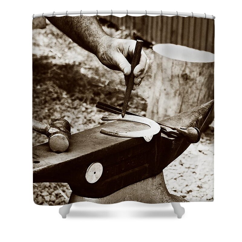 Farrier Shower Curtain featuring the photograph Red Hot Horseshoe on Anvil by Angela Rath