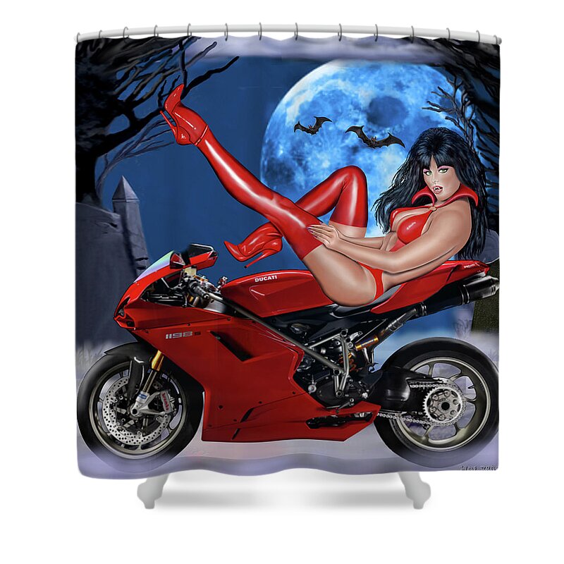 Female Vampire Shower Curtain featuring the digital art Red Hot Rider by Glenn Holbrook