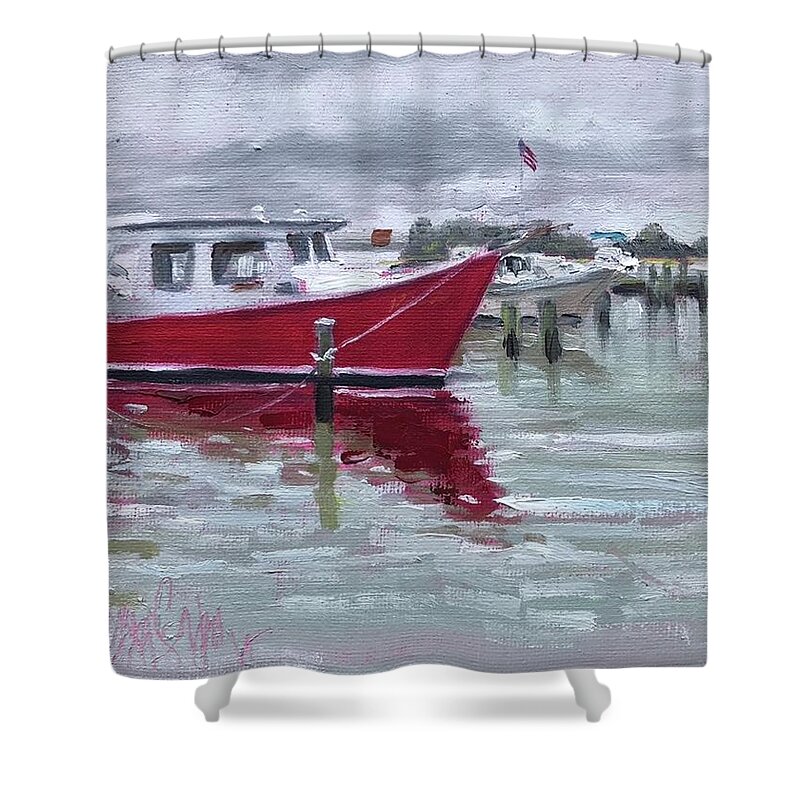 Impressioni Shower Curtain featuring the painting Red Hull in Drizzle by Maggii Sarfaty