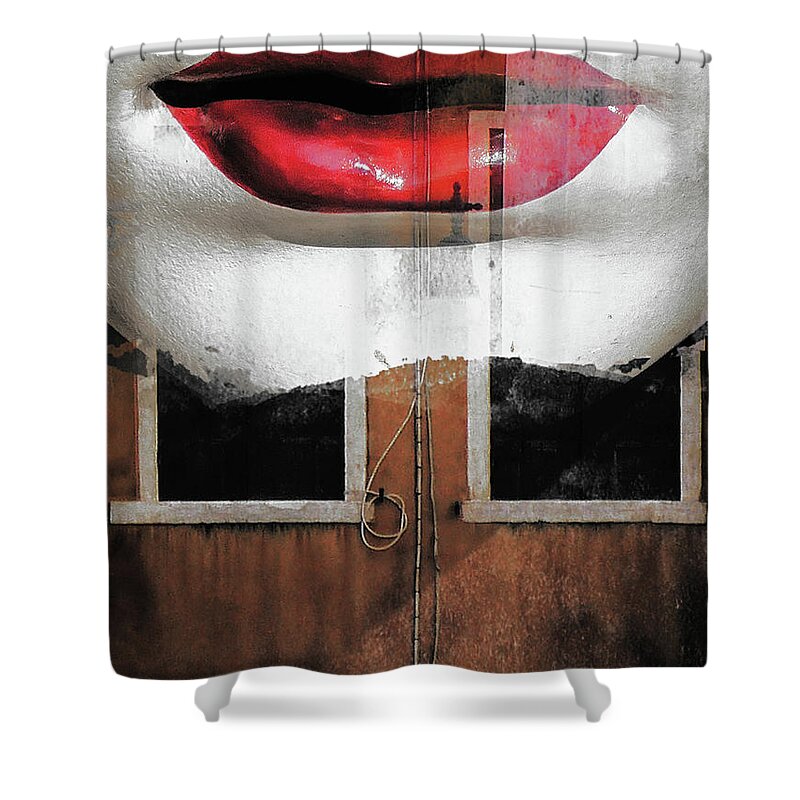 Lips Shower Curtain featuring the photograph Red lips and old windows by Gabi Hampe