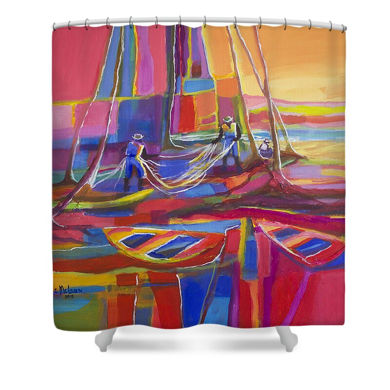 Morning Shower Curtain featuring the painting Red Morning Seine by Cynthia McLean