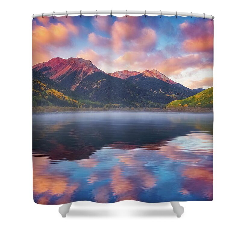 Sunrise Shower Curtain featuring the photograph Red Mountain Reflection by Darren White