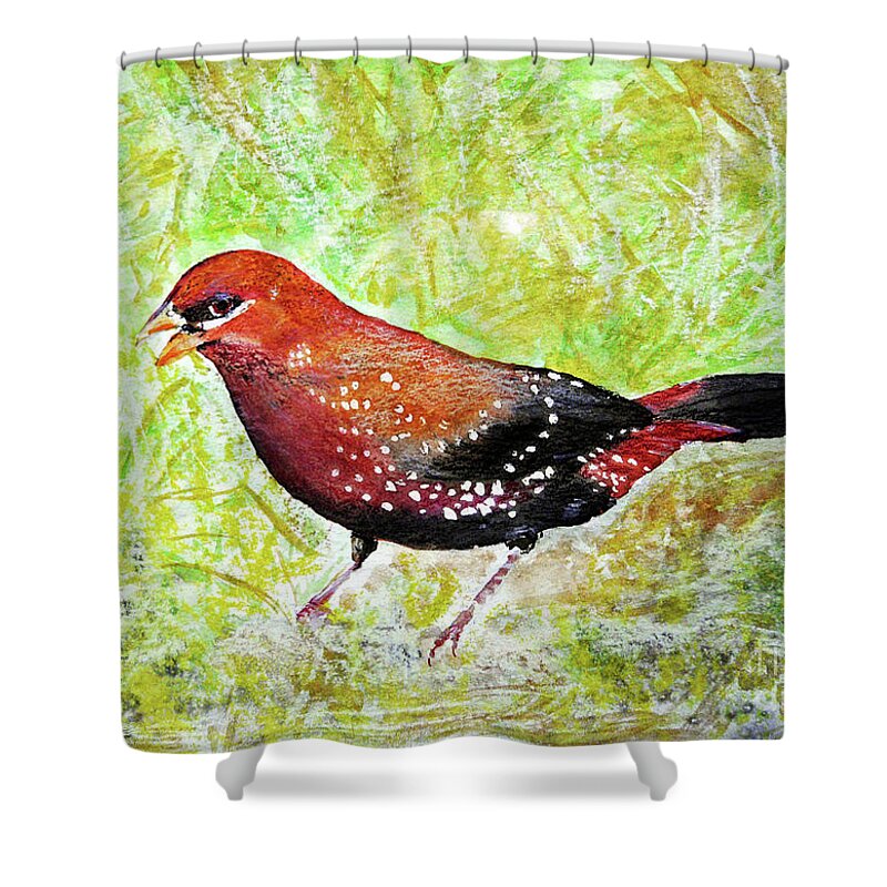 Bird Shower Curtain featuring the painting Red Munia by Jasna Dragun