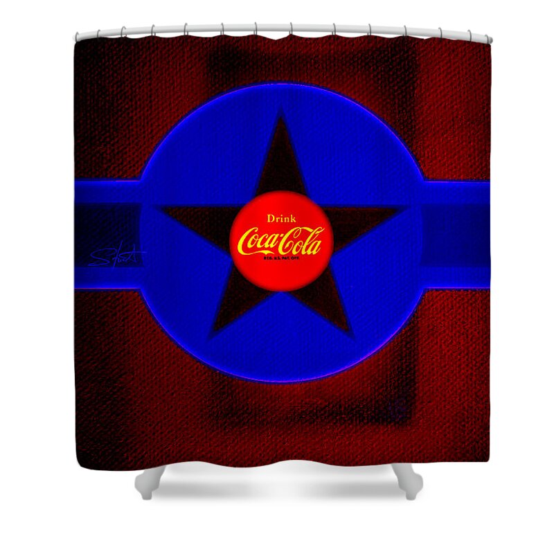 Label Shower Curtain featuring the painting Red on Red with Blue by Charles Stuart