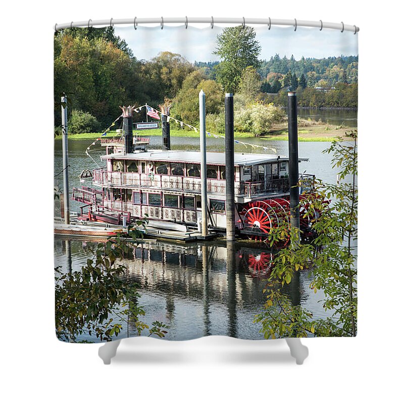 Paddle Wheeler; Boats; Leisure; Summer; Peaceful; Willamette River; Salem; Oregon; Willamette Queen; Riverfront City Park; Carousel; Paddle Wheel Shower Curtain featuring the photograph Red Paddle Wheel by Tom Cochran