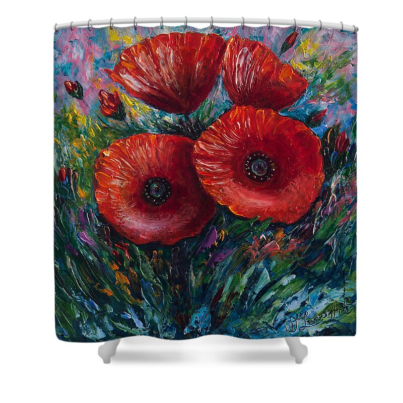  Shower Curtain featuring the painting Red Poppies by Lena Owens - OLena Art Vibrant Palette Knife and Graphic Design