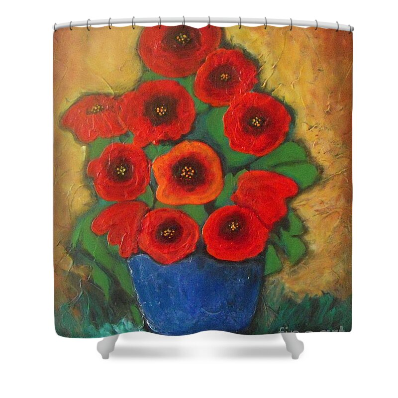 Poppies Shower Curtain featuring the painting Red Poppies in Blue Vase by Vesna Antic