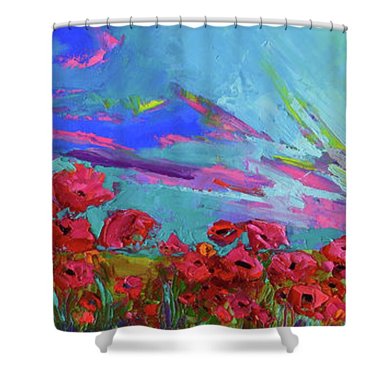 Red Poppy Flower Field Shower Curtain featuring the painting Red Poppy Flower Field, Impressionist Floral, palette knife artwork by Patricia Awapara