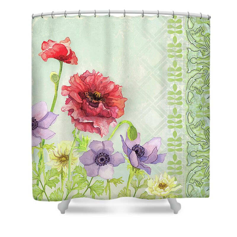Red Poppy Shower Curtain featuring the painting Red Poppy Purple Anenomes Wind Flowers IV - Retro Modern Patterns by Audrey Jeanne Roberts