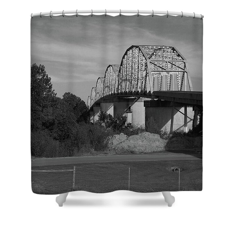 Landscape Shower Curtain featuring the pyrography Red River Bridge by Jerry Connally