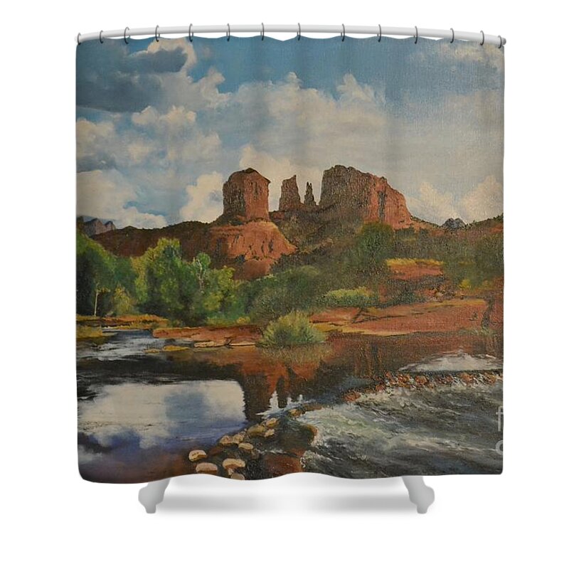 Arizona Shower Curtain featuring the painting Red Rock Crossing by Suzette Kallen