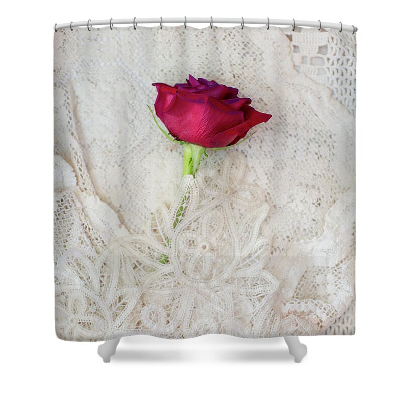Red Shower Curtain featuring the photograph Red Rose on Lace by Susan Gary