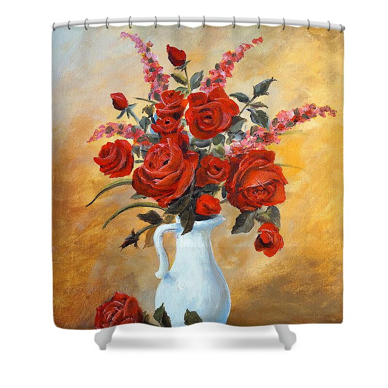 Roses Shower Curtain featuring the painting Red Roses in a White Pitcher by Alan Lakin