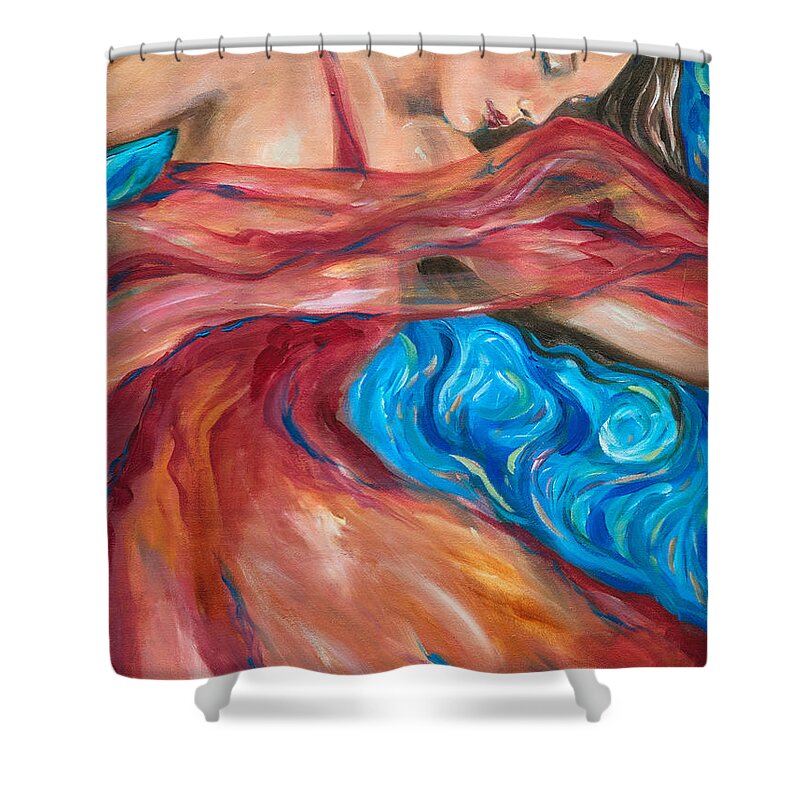 Mermaid Shower Curtain featuring the painting Red scarf by Linda Olsen