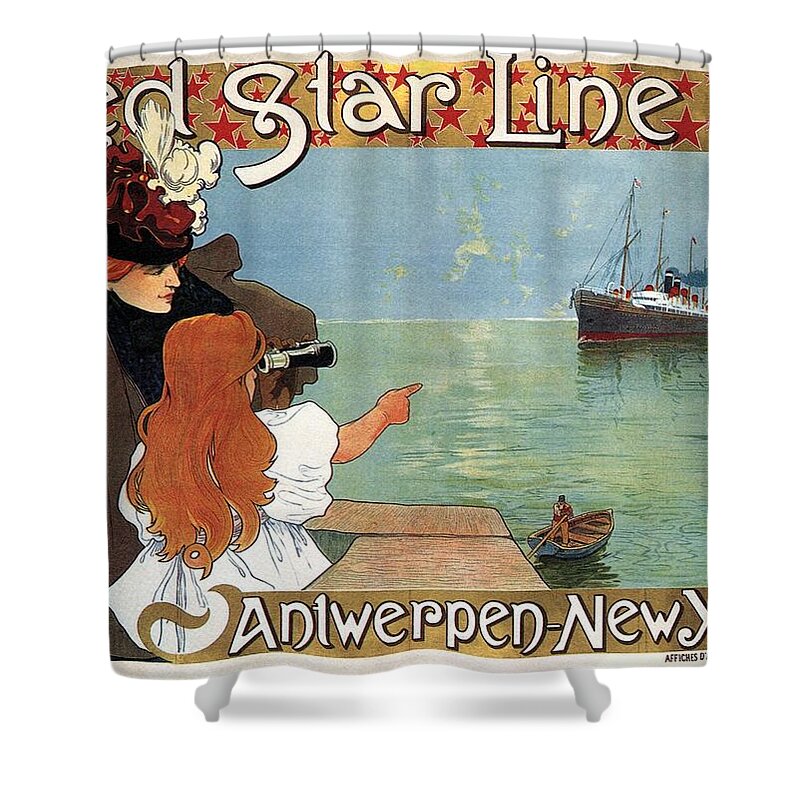 Red Star Line Shower Curtain featuring the mixed media Red Star Line Steamliner Ship - Antwerp to New York - Vintage Travel Advertising Poster by Studio Grafiikka