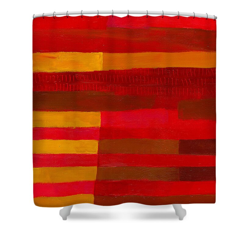 Abstract Art Shower Curtain featuring the painting Red Stripes 1 by Jane Davies