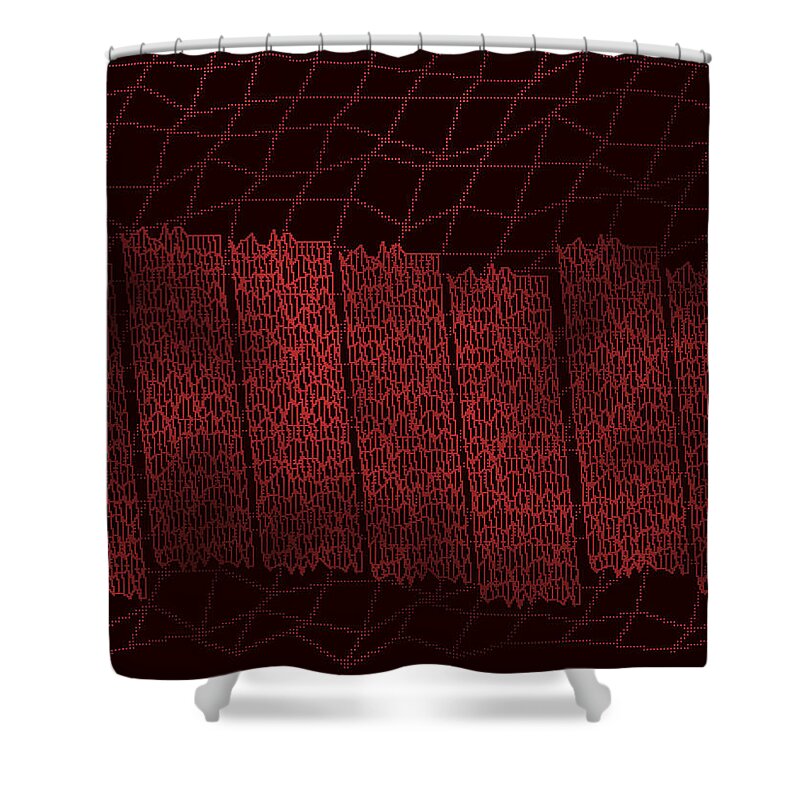 Rithmart Wire Mesh Wood Red Abstract Trees Dark Brown Nature Angles Kinetic Tension Plank Strata Shower Curtain featuring the digital art Red.100 by Gareth Lewis