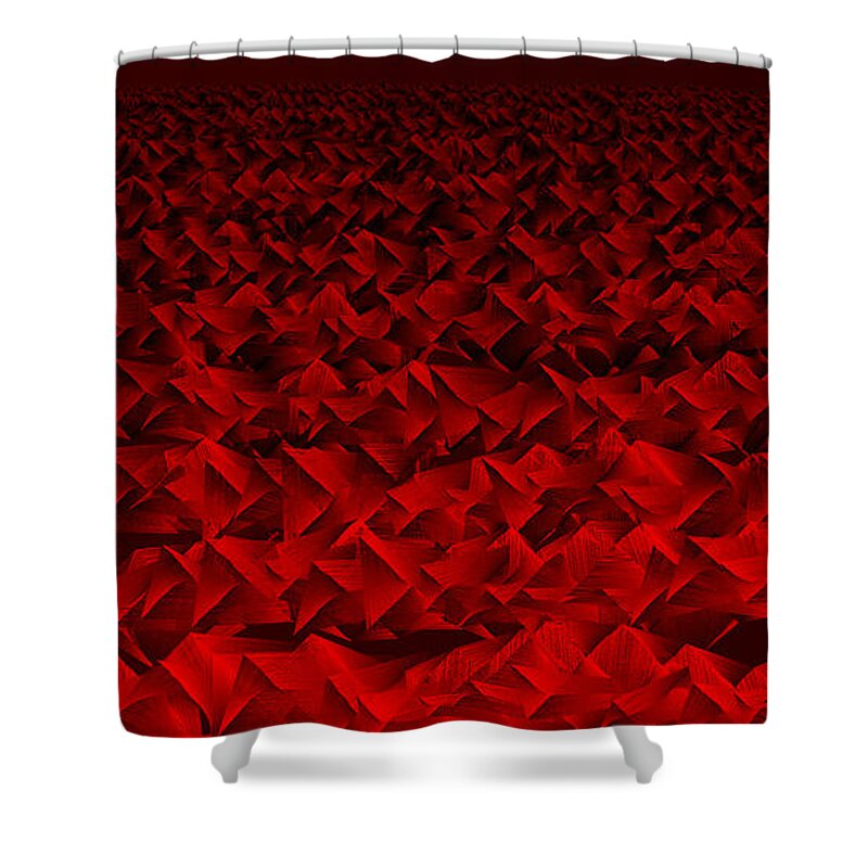 Rithmart Red Abstract Field Rocks Orange Black Rocks Horizon Dark Light Distance Landscape Terrain Trees Mountains Waves Texture Shapes Spikes Peaks Valleys Points Range Shower Curtain featuring the digital art Red.159 by Gareth Lewis