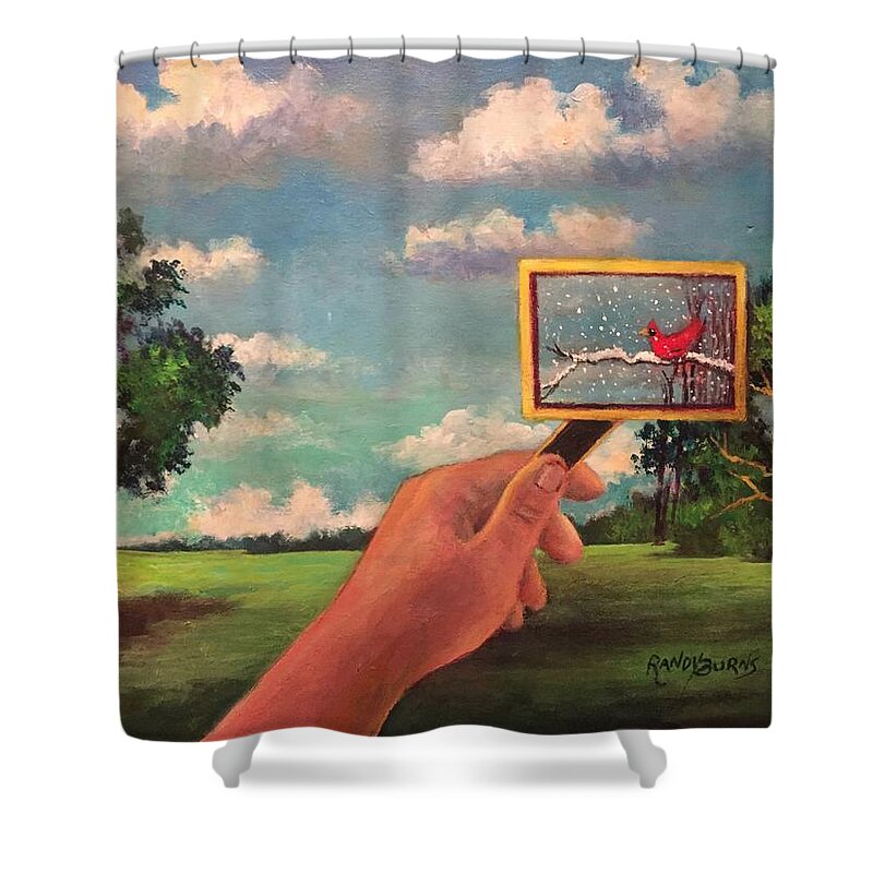 Redbird Shower Curtain featuring the painting Redbird Wishes For Snow by Rand Burns