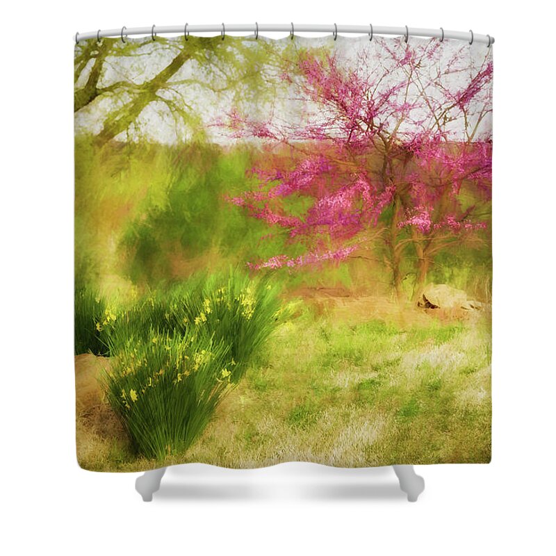 Muskogee Shower Curtain featuring the photograph Redbud and Daffodils by James Barber