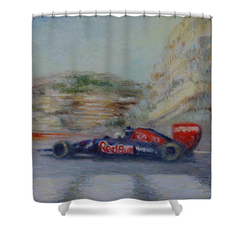 Max Verstappen Red Bull Shower Curtain featuring the painting Max Verstappen RedBull racing car Monaco by Pierre Dijk